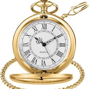 Tiong Classic Smooth Steel Quartz Pocket Watch with Chain Roman Numerals Men