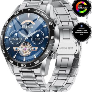 LIGE Smart Watch for Men with Answer/Make Call, 1.43 AMOLED Display, Fitness Watch 100+ Sports Modes, Heart Rate Blood Oxygen Sleep Monitor Smartwatch for Android iOS Phones, Silver