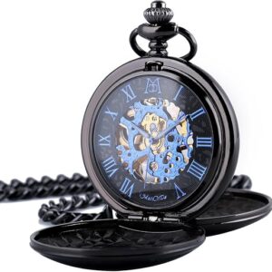 ManChDa Pocket Watch - Double Engraved Skeleton Dial Retro Mens Mechanical Watch Golden Movement with Chain + Gift Box