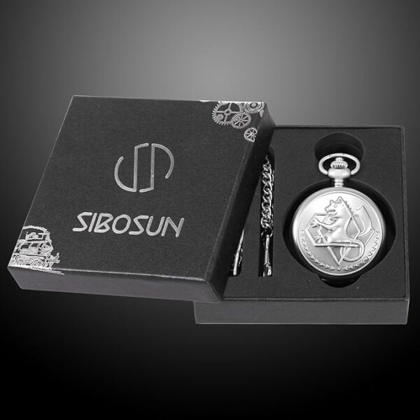 SIBOSUN Vintage Fullmetal Alchemist Pocket Watch with Silver Case Quartz White Dial and Chain - Image 2