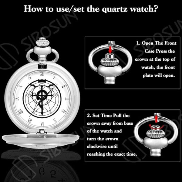 SIBOSUN Vintage Fullmetal Alchemist Pocket Watch with Silver Case Quartz White Dial and Chain - Image 3