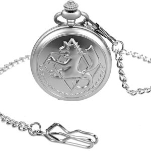 SIBOSUN Vintage Fullmetal Alchemist Pocket Watch with Silver Case Quartz White Dial and Chain