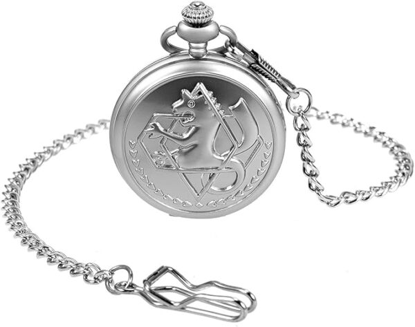 SIBOSUN Vintage Fullmetal Alchemist Pocket Watch with Silver Case Quartz White Dial and Chain
