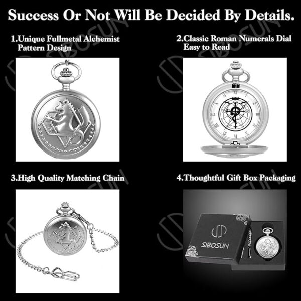 SIBOSUN Vintage Fullmetal Alchemist Pocket Watch with Silver Case Quartz White Dial and Chain - Image 6