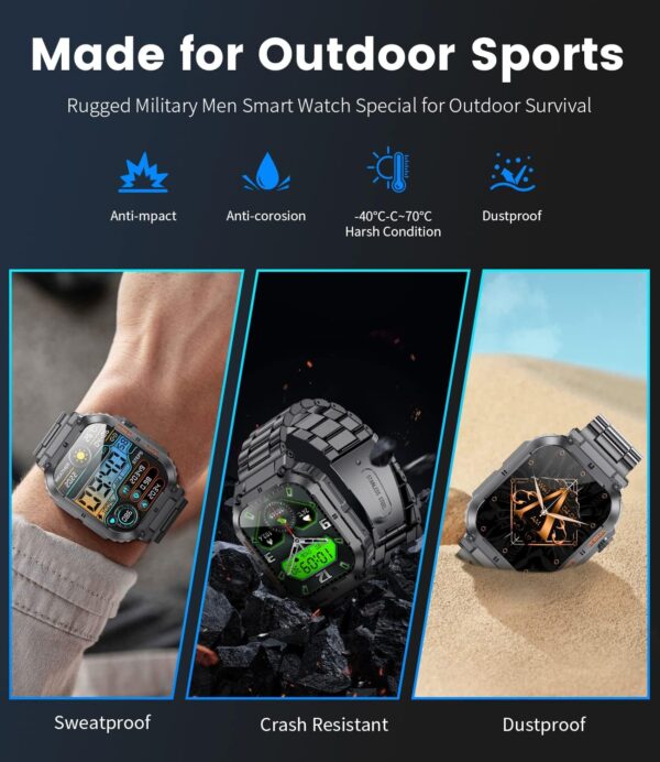 LIGE Military Smart Watch for Men(Answer/Dial Calls),1.96'' HD touch screen,100+ Sports Modes,400 mAh Smartwatch with Heart Rate/SpO2/Blood Pressure,5ATM Waterproof Fitness Watch for Android/iOS - Image 2
