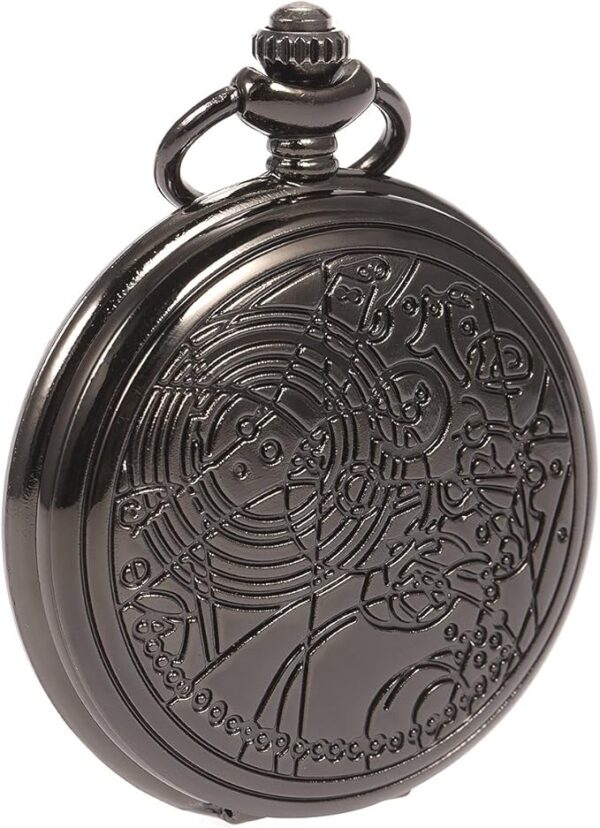 SIBOSUN Vintage Dr Who Pocket Watch with Black Case Quartz White Dial and Chain, Doctor who Watch with Gift Box