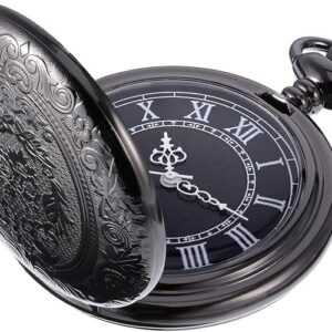 Quartz Pocket Watch for Men with Black Dial and Chain