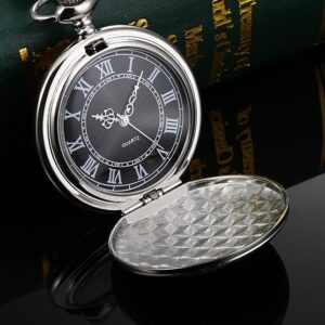 Quartz Pocket Watch for Men with Black Dial and Chain Silver
