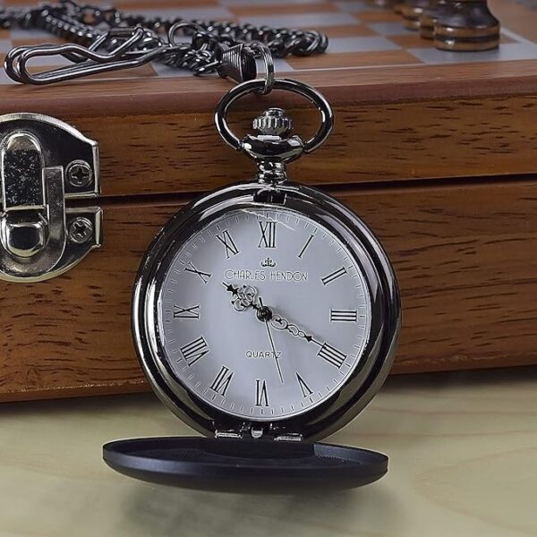 Charles Hendon Personalised Engraved Black Matte Finish Roman Pocket Watch - Image 2