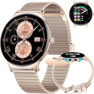 Women's Smart Watch for Android iOS with Bluetooth Phone Calls 7mm Round Dial Female Smartwatch 1.43" AMOLED Always-On Display Heart Rate Sleep Monitor Rose Gold Mesh Ladies Smartwatch 100+ Sport
