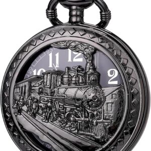 Sibosun 3D Steam Train Design Half Hunter Pocket Watch with Chain Quartz Movement for Men
