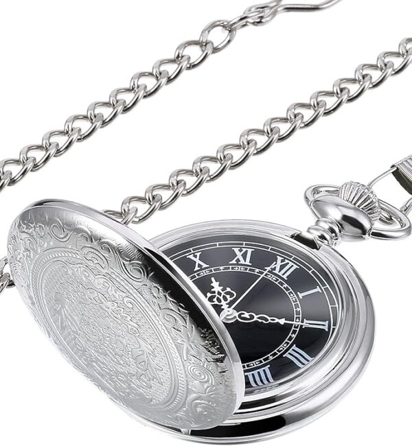 Quartz Pocket Watch for Men with Black Dial and Chain Silver - Image 2